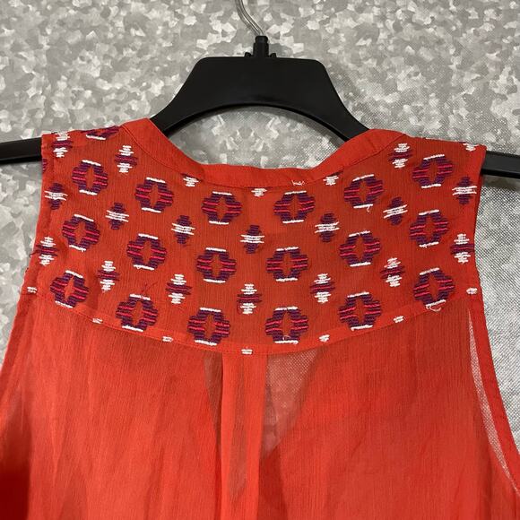 Lucky Brand Orange Sheer Embroidered Button Up Shirt - Size Small - Sleeveless - Picture 5 of 6